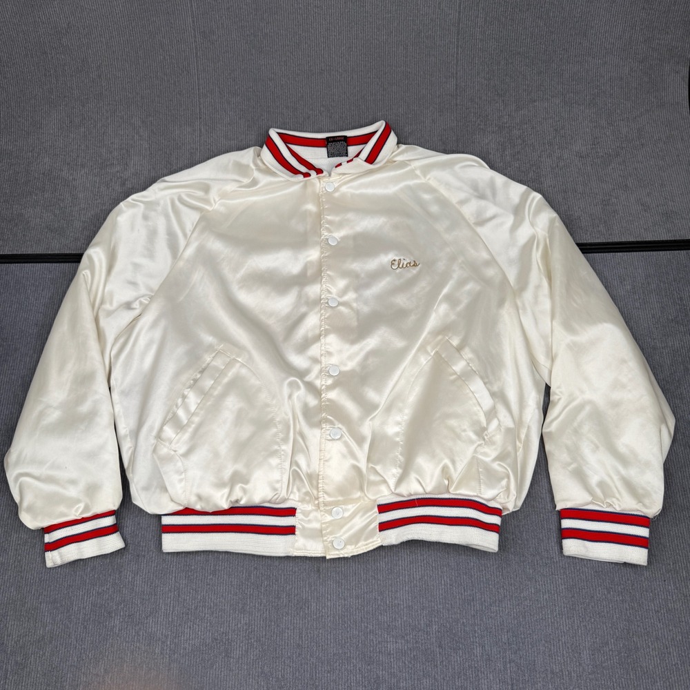 Vintage Cadillac Crest Satin Bomber Jacket Cream XL Embroidered Elias Varsity